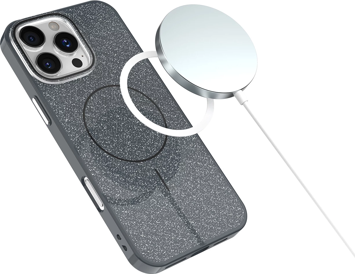 Mbështjellës ONASI Glitter Thin Mag 24087 për iPhone 17 Pro Max, MagSafe 2300 Gs, 2 mm, TPU/PC, butona metalikë, i zi