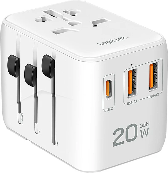 Karikues udhëtimi LogiLink, 20W GaN, 3 porta (1x USB-C PD, 2x USB-A QC), i bardhë