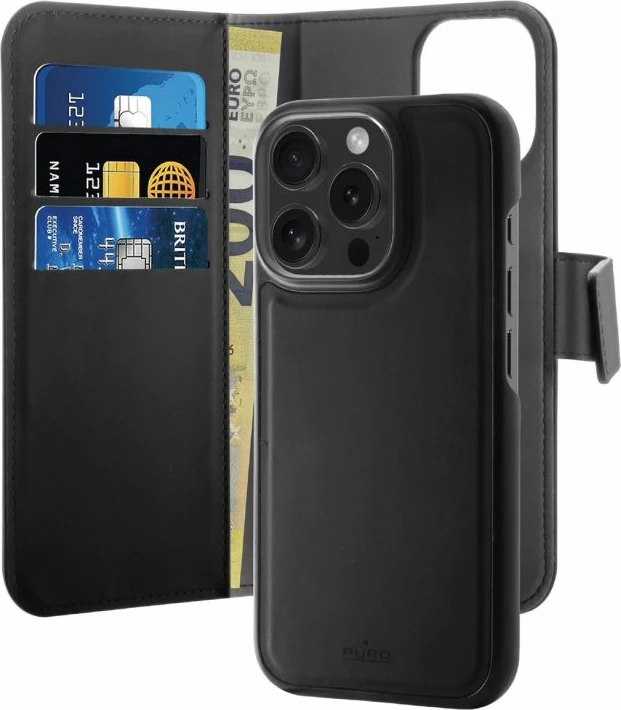 Kuti portofol për iPhone 16 Pro Puro Wallet Detachable MagSafe 2in1, e zezë