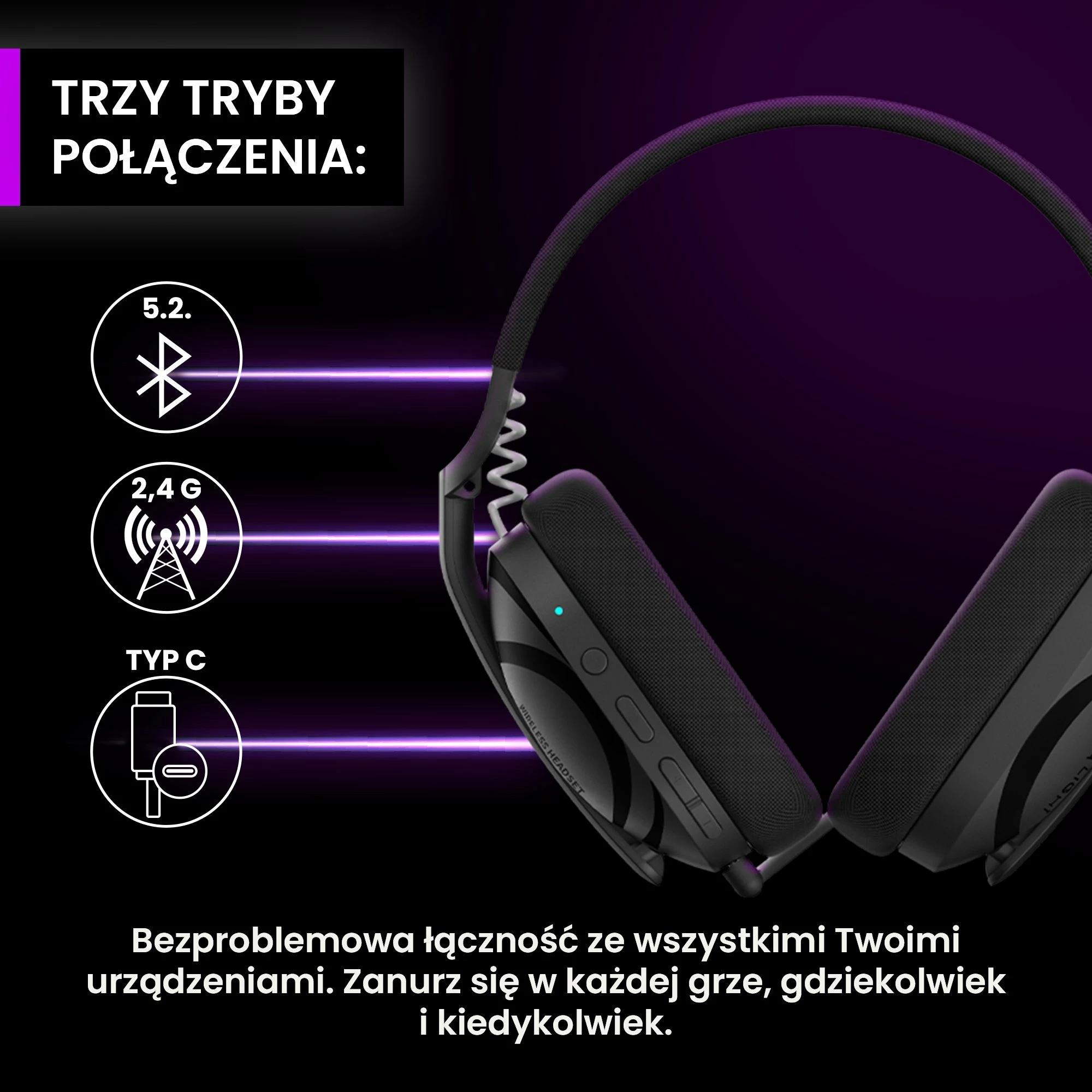 Kufje gaming PREYON Tornado Fly PTF40B, 7.1, Bluetooth 5.2 + wireless 2.4GHz, bateri deri 50h, e zezë
