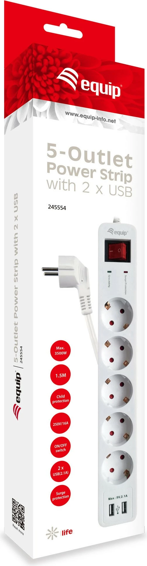 Shtrirës rryme EQUIP 245554, 5 dalje, 2 USB, 1.8m, bardhë