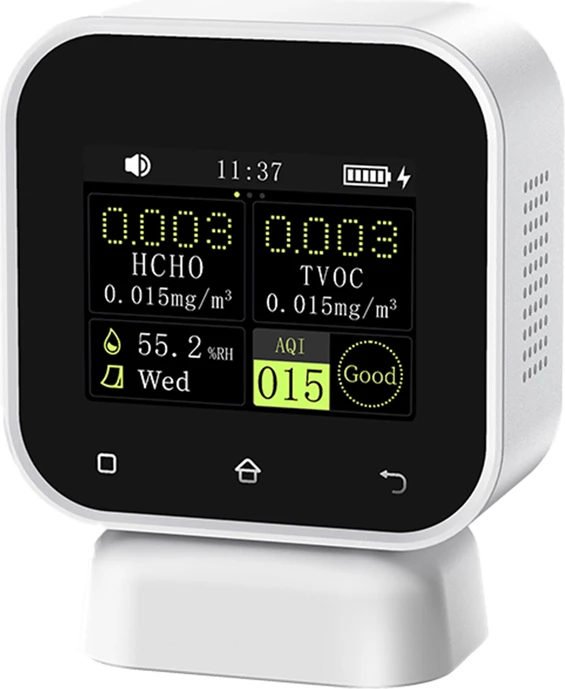 Monitor cilësie ajri 4-në-1 FNIRSI SFD-02, ekran me prekje 2.4\", bateri 1000mAh, HCHO/TVOC/Lagështi/AQI, bardhë/zezë