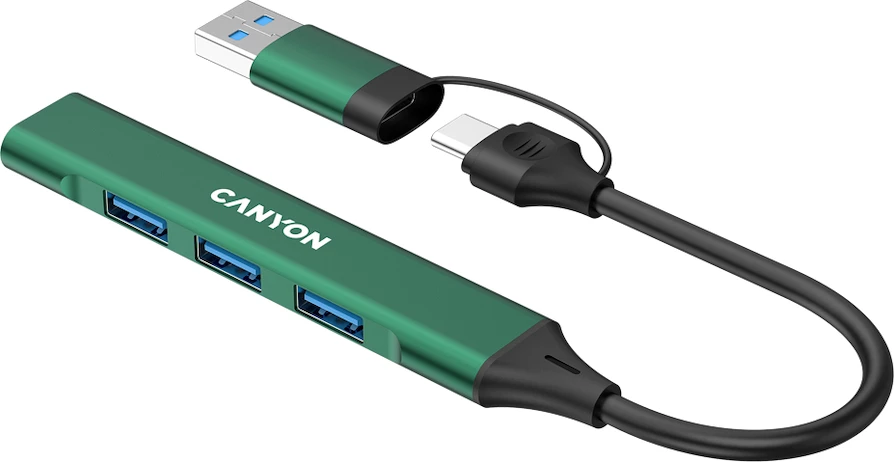 USB hub CANYON DS-02 4in1 USB-A/C, 4 porta (1x USB 3.0 + 3x USB 2.0), kabllo 15 cm, gjelbër