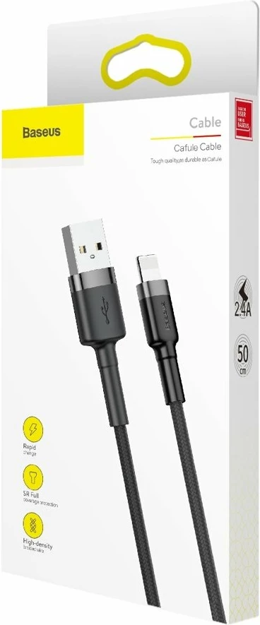 Kabllo Baseus Cafule CALKLF-AG1, USB-A në Lightning, 0.5m, 2.4A, QC 3.0, e zezë-gri