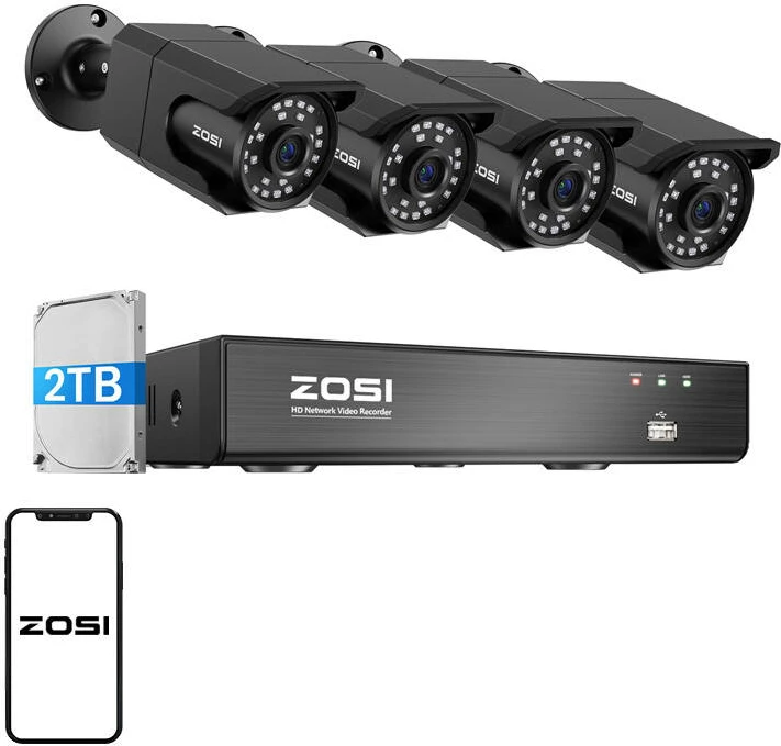 Set kamerash IP ZOSI C105, 4 copë, 8MP, WiFi, regjistrues me HDD 2TB, i zi