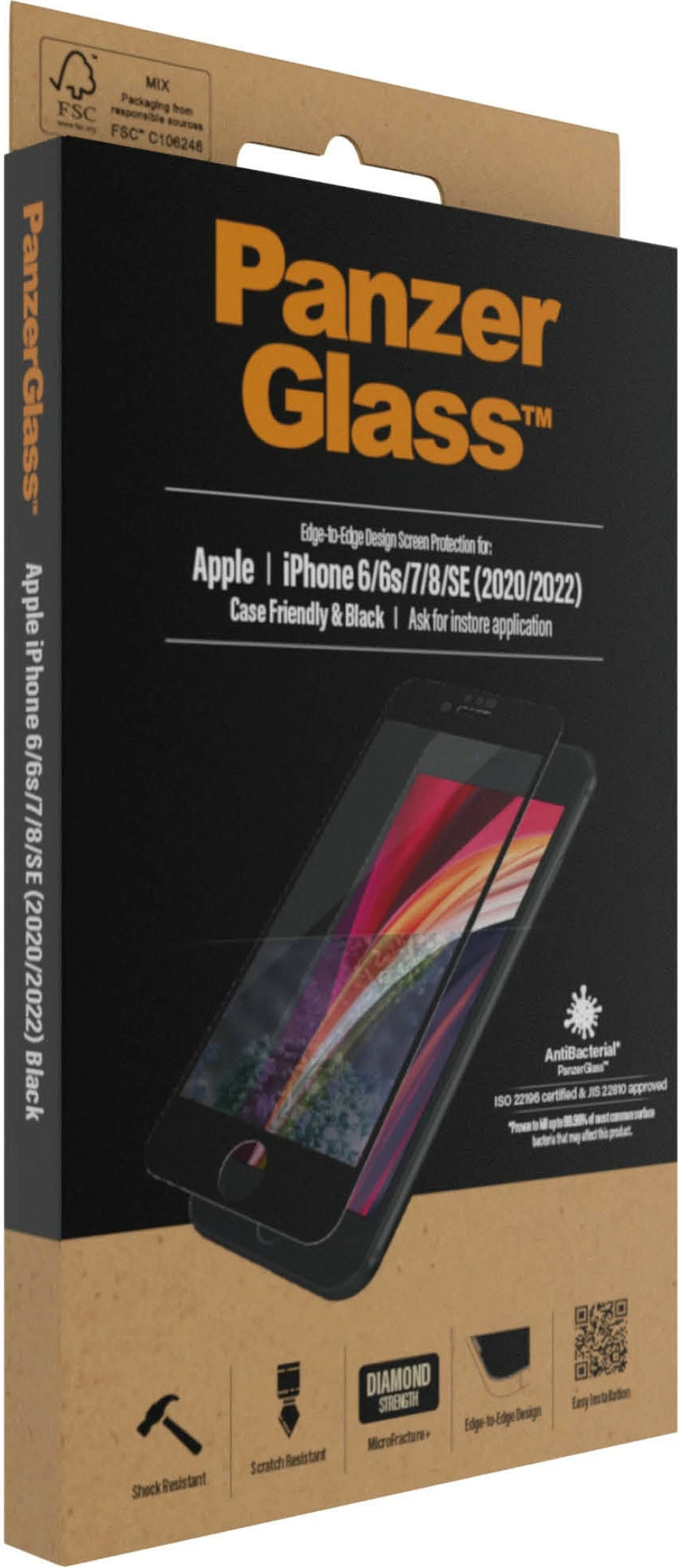 Mbështjellës ekrani PanzerGlass për iPhone 6/7/8/SE 2020/2022, transparent, kornizë e zezë