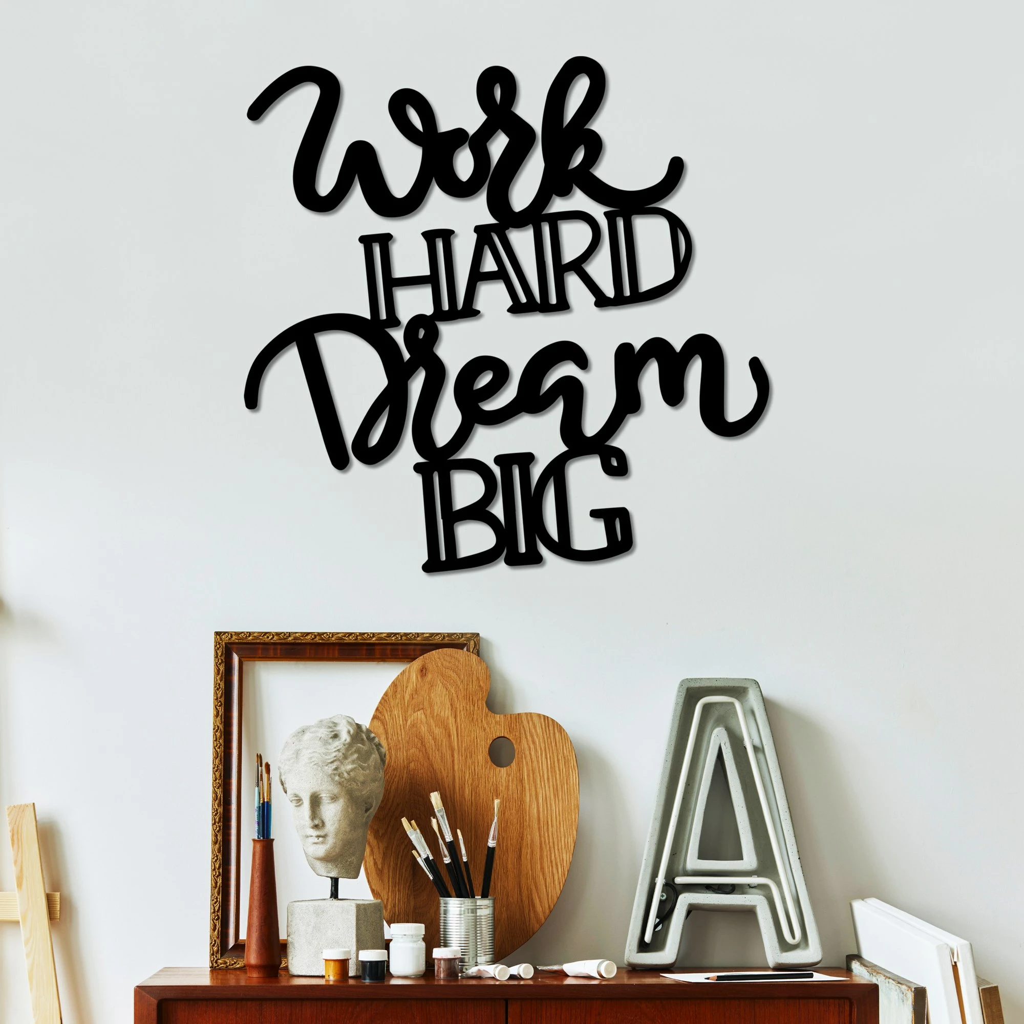 Aksesor dekorativ metalik për mur, Work Hard Dream Big, Wallity, ngjyrë e zezë