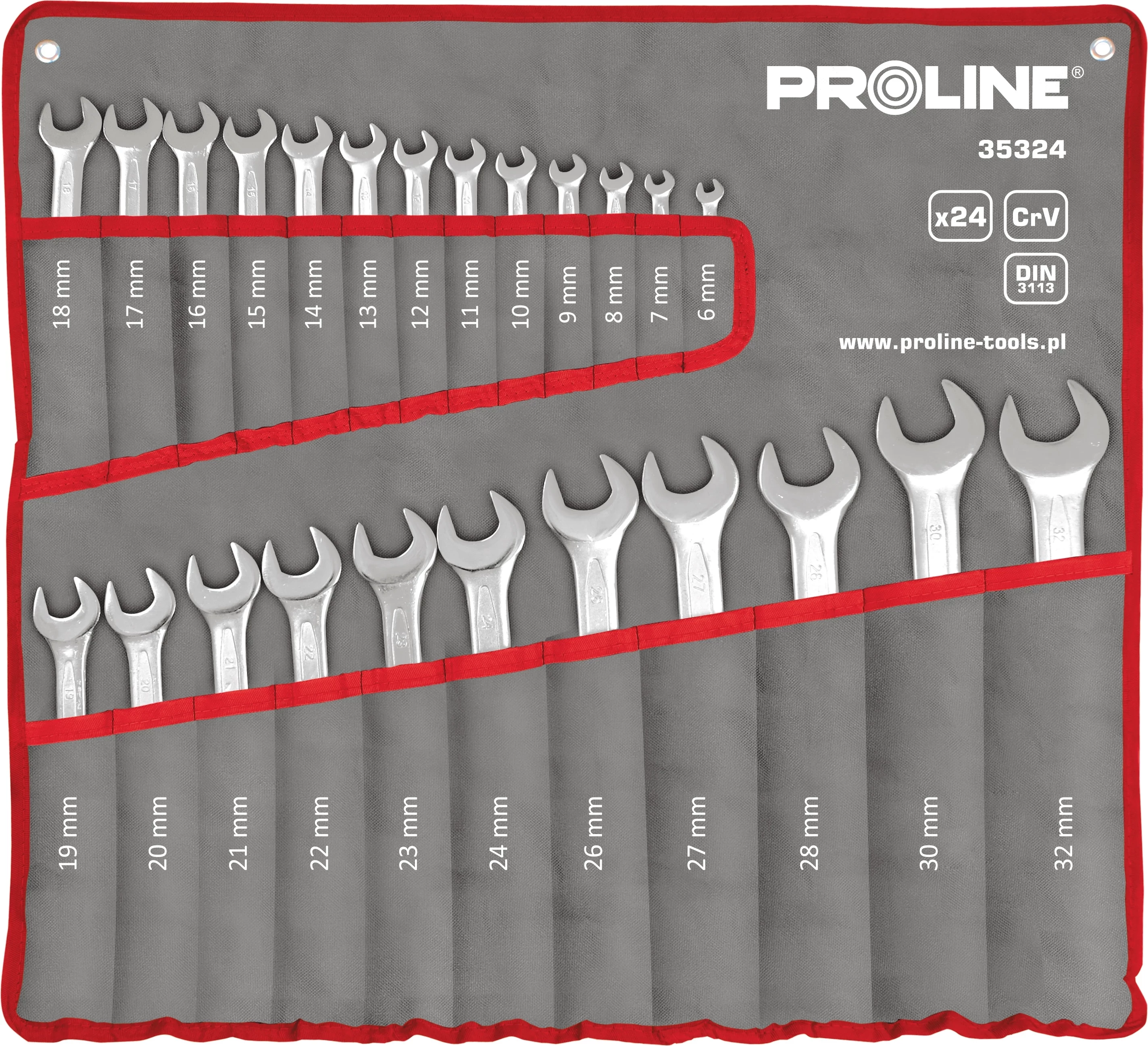 Set çelësash të kombinuar Proline 35324, 24 copë, 6-32 mm, CrV, me çantë për mur