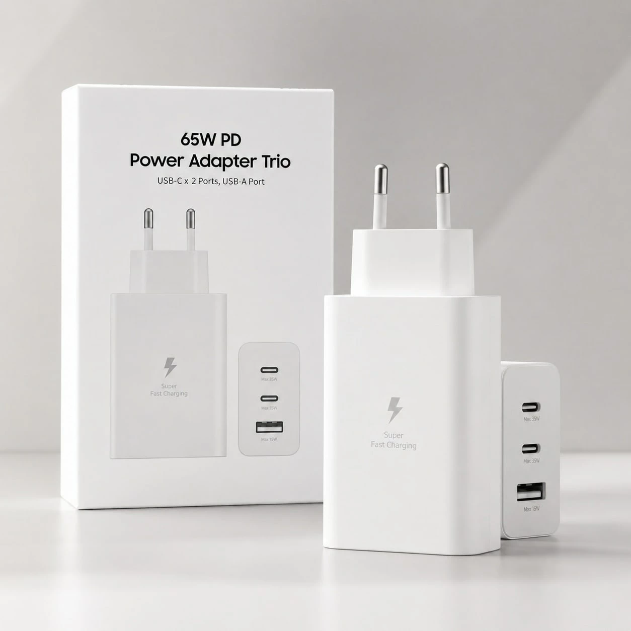 Karikues 65W PD Trio 2x USB-C + USB-A, EU Plug - i bardhë