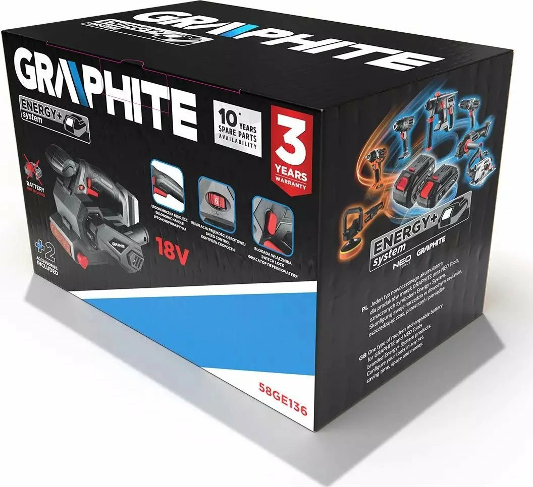 Lëmues me shirit Graphite Energy+ 58GE136 18V, 76x457mm, pa bateri/pa karikues, gri/zi