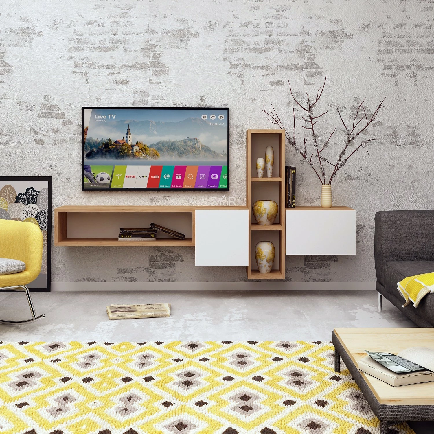 Komodë TV Hanah Home, ngjyrë kumkuat, dru lis dhe e bardhë