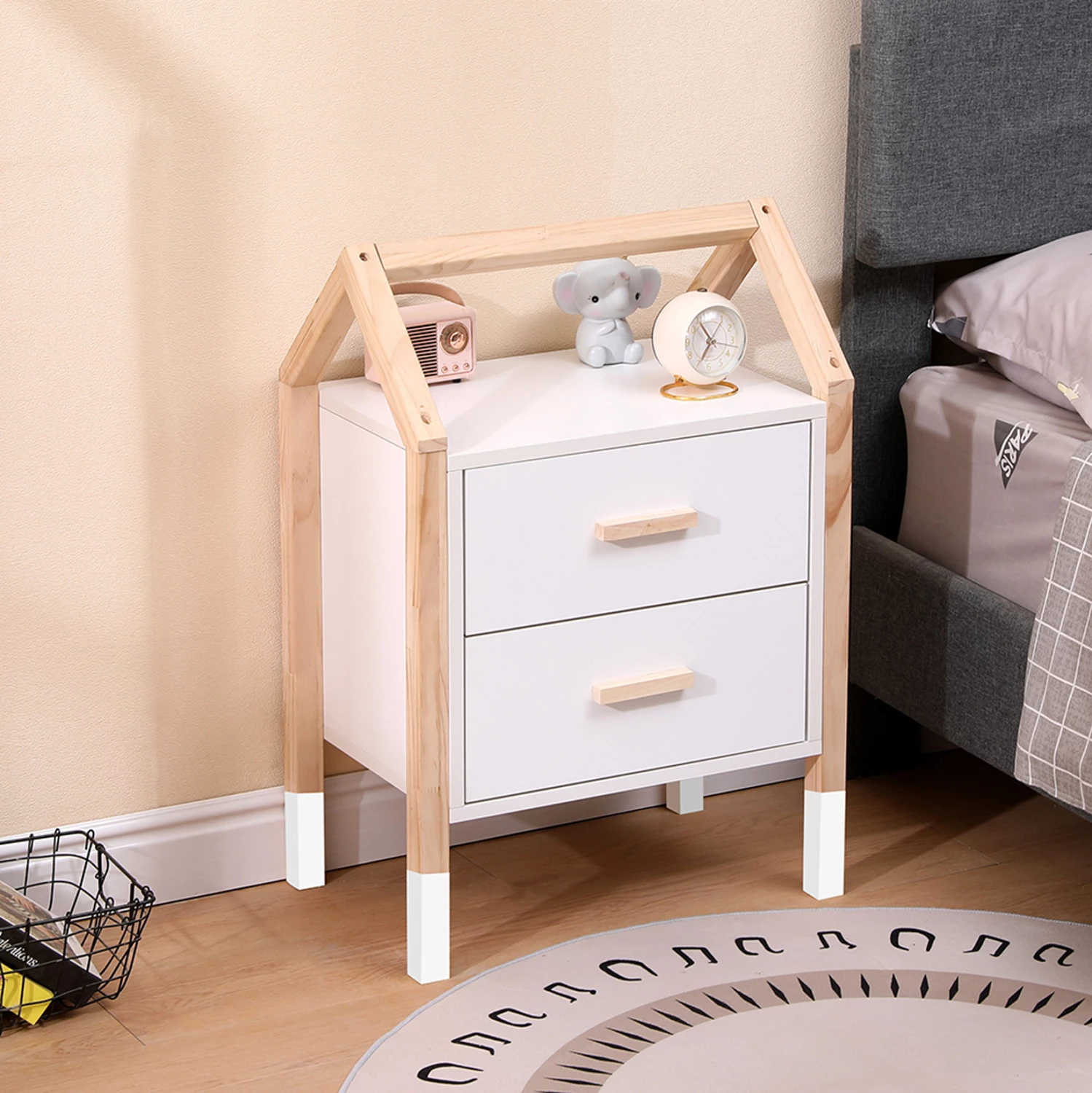 Komodinë për fëmijë PEPE, ngjyrë e bardhë-melaminë, dru pishe natyrale, 46x30x67cm