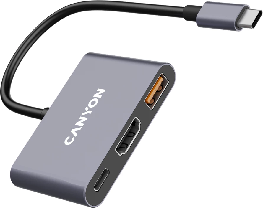 Hub USB-C CANYON DS-4 3n1 me HDMI, USB 3.2 Gen 2 dhe Power Delivery 100W, gri
