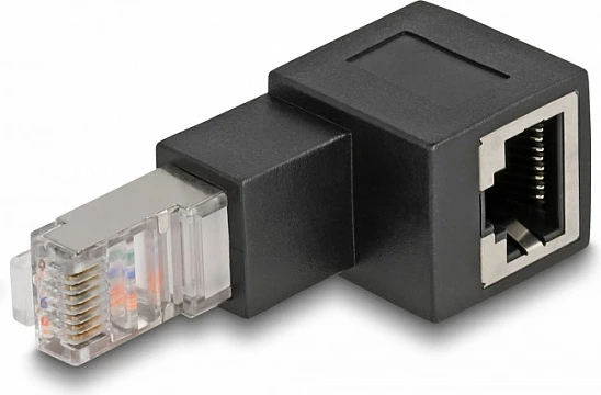 Adapter RJ45 DeLOCK Cat6A 90° poshtë, RJ45 mashkull në RJ45 femër, i zi