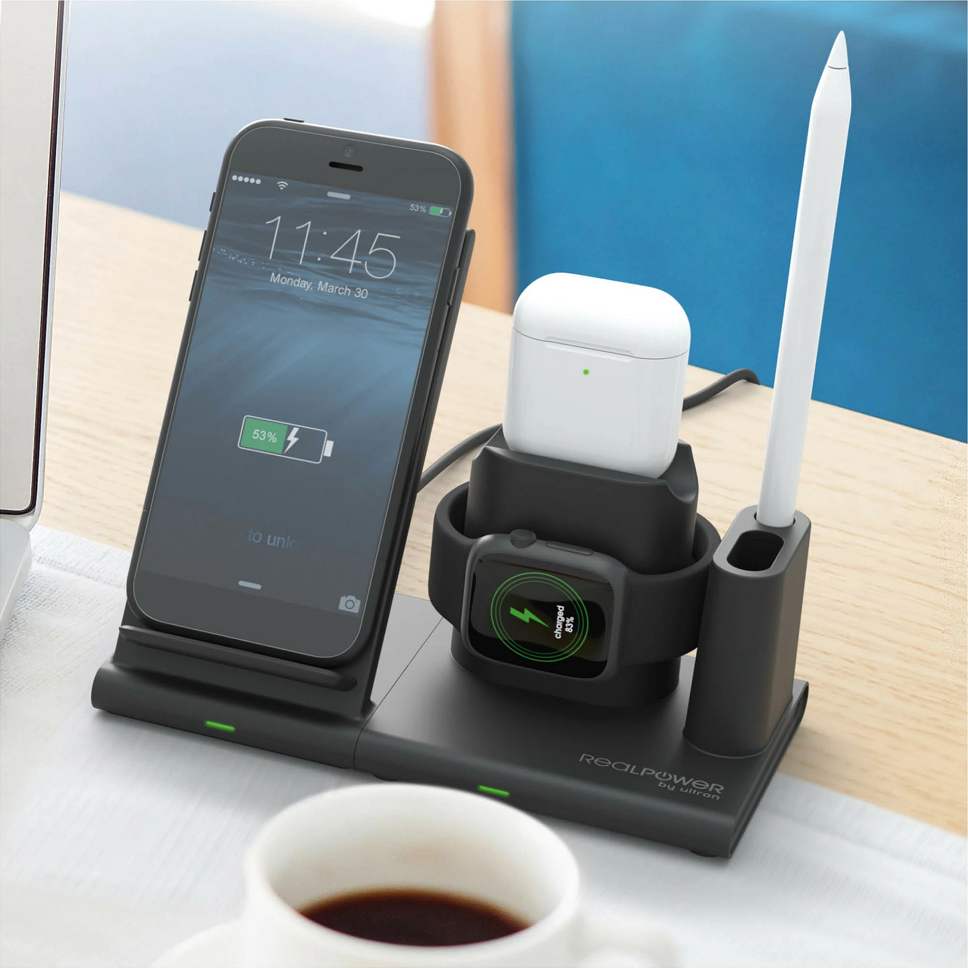 Karikues wireless RealPower ChargeAIR Connect, stacion 3-në-1, 10W, USB-C, i zi