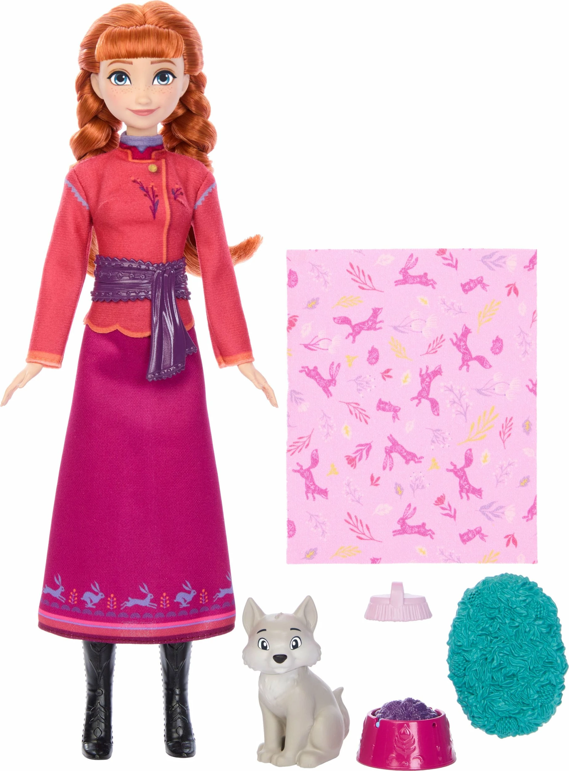 Kukull mode Disney Frozen Anna + Baby Fox JFG17, set me dhelpër të vogël, multicolor