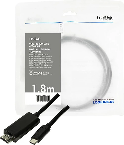 Kabllo LogiLink USB-C 3.2 Gen1 në HDMI-A, 4K/60Hz, 1.8m, e zezë