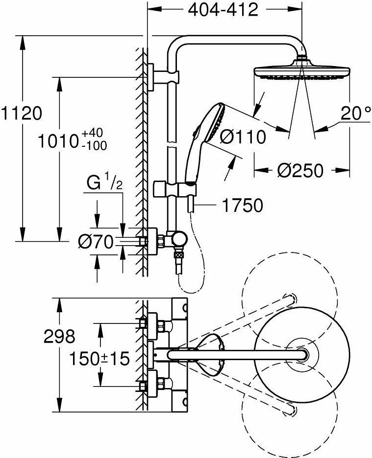 Sistem dushi Grohe Vitalio Start 250, 8.5 l/min, me zorrë fleksibile, krom/zi, 1 copë