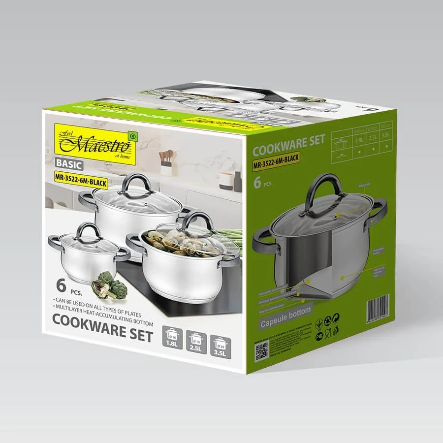 Set tenxheresh Maestro MR-3522-6M, 6 pjesë, çelik inoks, kapak xhami, argjendtë