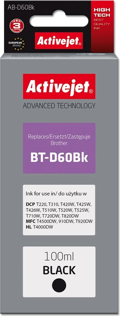 Ngjyrë zëvendësuese Activejet AB-D60BK ink për printer Brother BT-D60BK, 100ml, e zezë