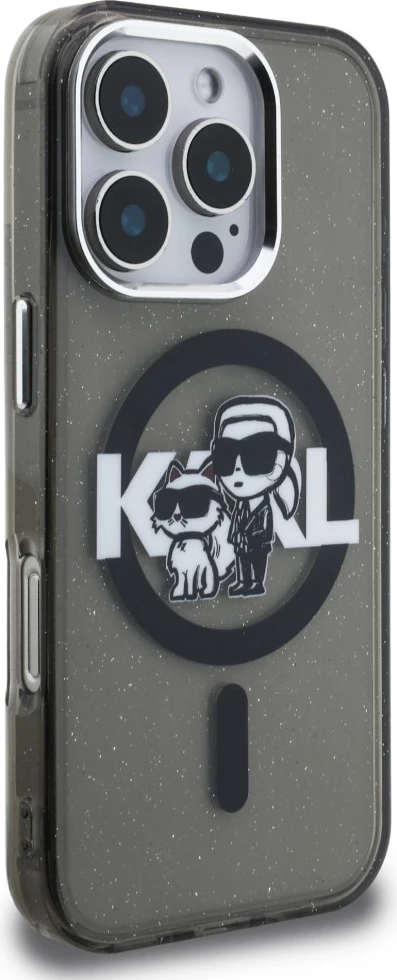 Mbështjellës Karl Lagerfeld IML Glitter Karl & Choupette Sketch Logo MagSafe për iPhone 16 Pro Max, i zi