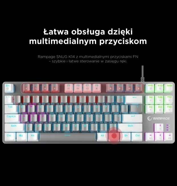 Tastierë mekanike gaming Rampage Snug SNUGK14BS-GW, KRGD Blue switch, TKL 80% (US), RGB, USB me kabllo, gri-bardhë