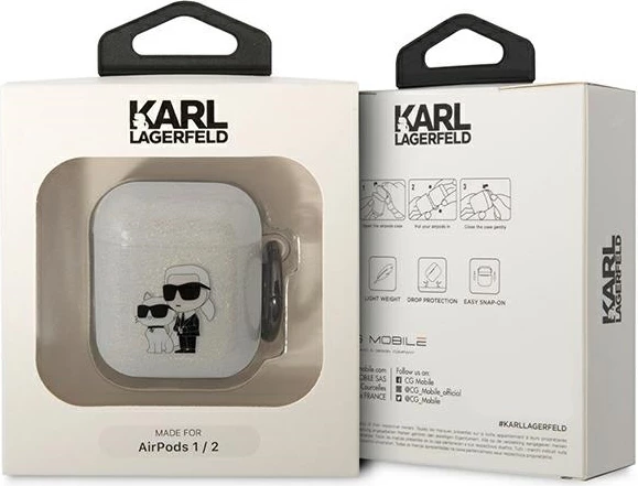 Mbështjellës Karl Lagerfeld KLA2HNKCTGT për AirPods 1/2, transparent, glitter me unazë