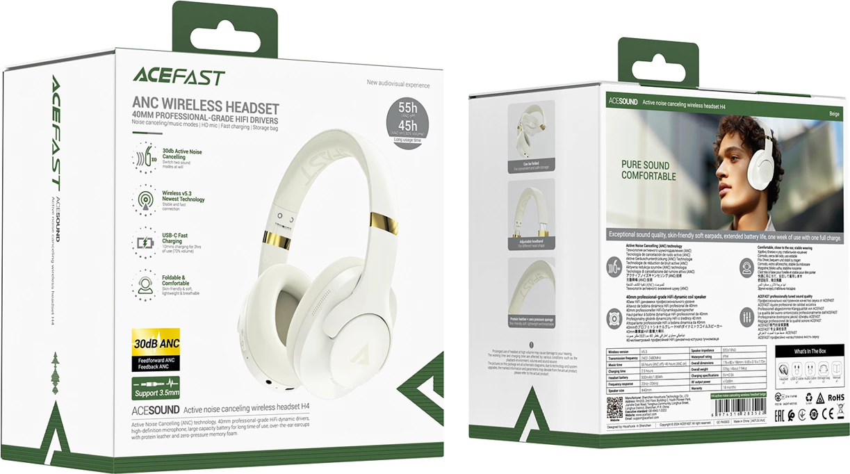 Kufje Acefast H4 wireless, Bluetooth 5.3, ANC, IPX4, bezhë