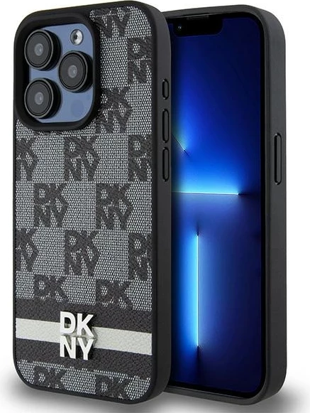 Mbështjellës DKNY Leather Checkered Mono Pattern & Printed Stripes për iPhone 15 Pro, i zi