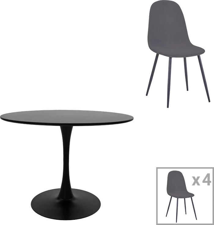 Set tavoline me karrige Bella-Balou, 5 pjesë, MDF, kadife, e zezë-antracit, D120x73cm