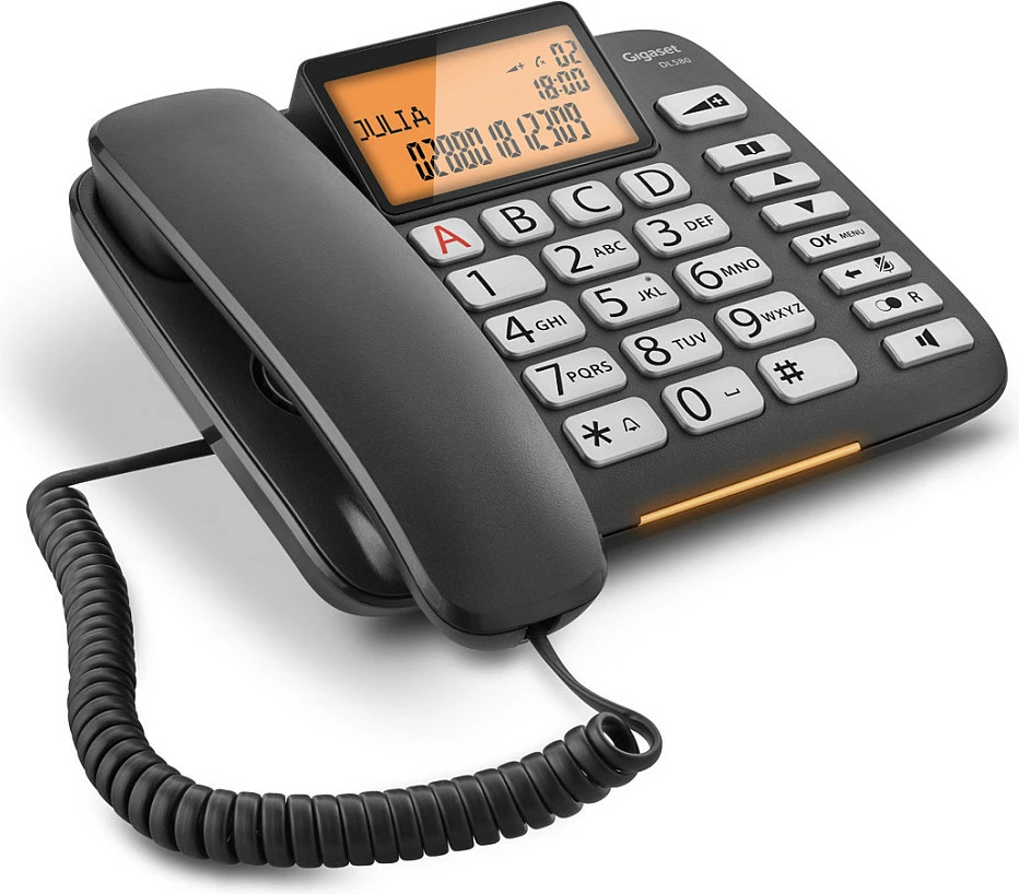 Telefon analog Gigaset DL580, Kufje me kabllo, Zëdhënës, 99 hyrje, ID thirrësi, E zezë
