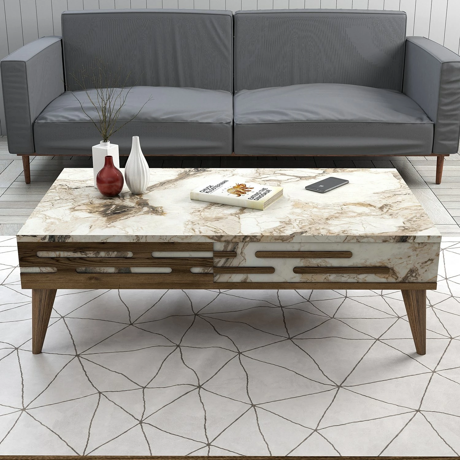 Set mobiljesh për dhomë dite, Skye Decor, Valensiya, ngjyrë arre, e bardhë, mermer