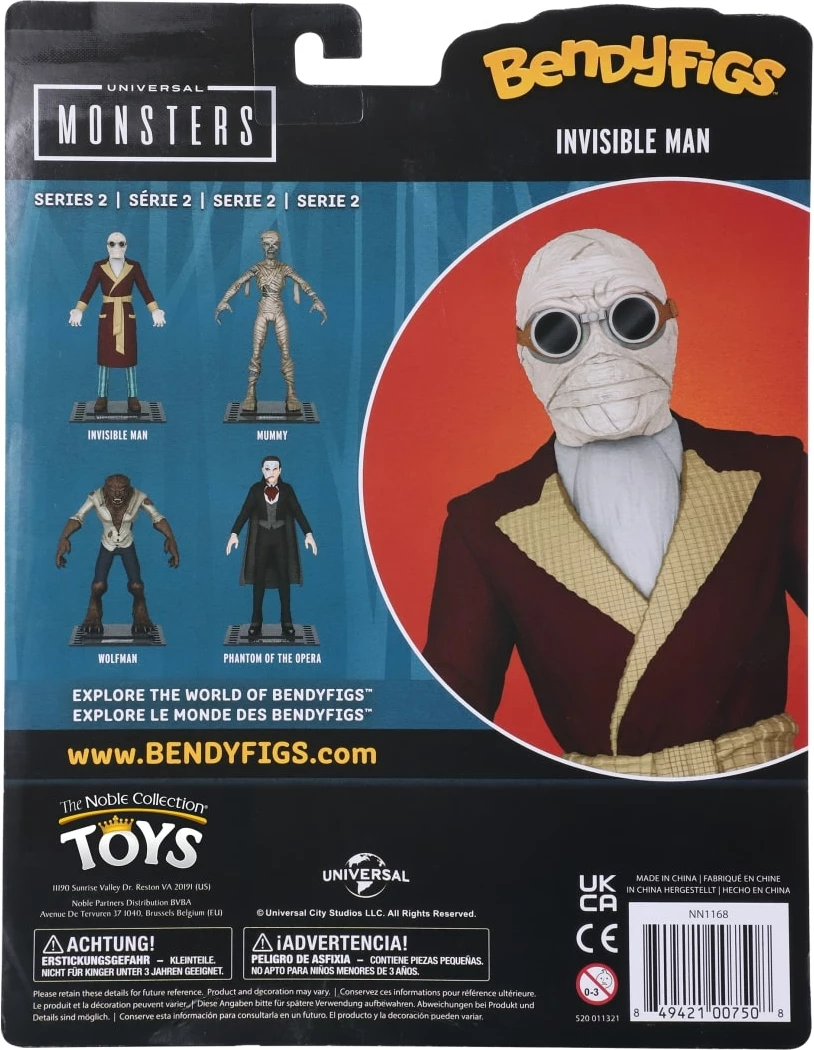 Figurinë koleksionuese e lakueshme NOBLE COLLECTION Bendyfigs Universal Monsters The Invisible Man 19 cm, me stand