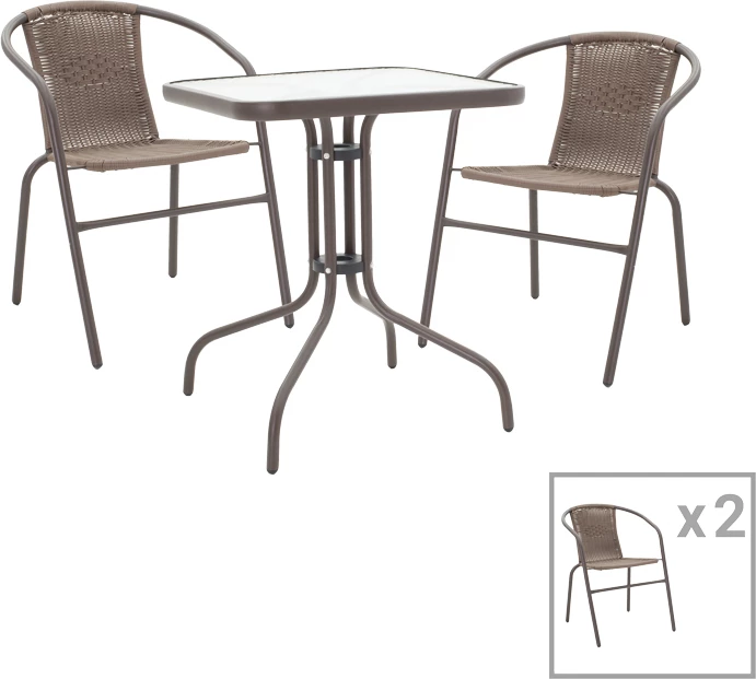 Set tavoline me karrige Obbi-Watson, 3 copë, metal-pe rattan, ngjyrë kafe, 60x60x70cm