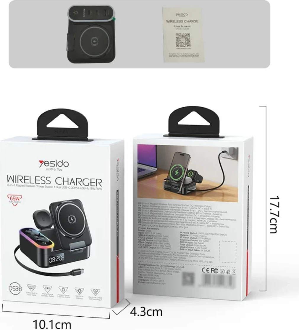 Stacion Karikimi Inteligjent 5 in 1 Yesido me Orë, RGB dhe Wireless Charging