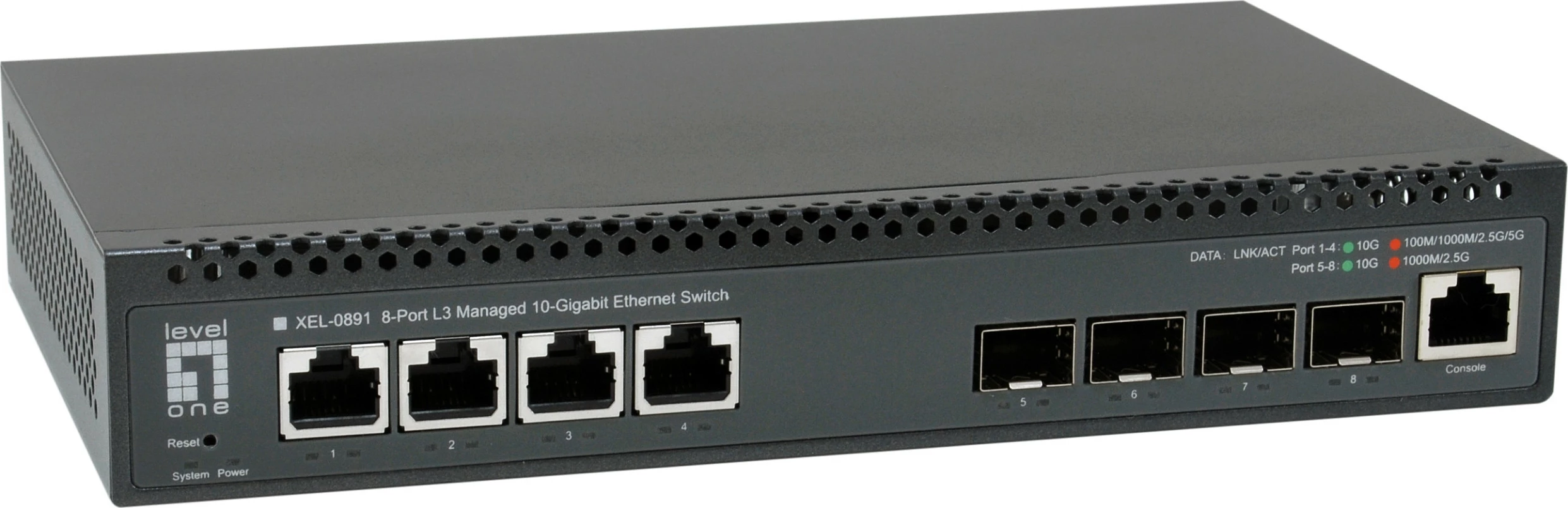 Switch Level One Managed L3 10GbE, 4x RJ-45 10G + 4x SFP+ 10G, gri