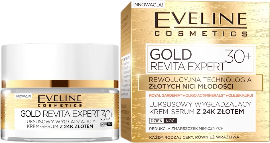 Krem-serum për fytyrë Eveline Cosmetics Gold Revita Expert Luxury Smoothing Cream-Serum për femra 24k gold 30+, 50ml