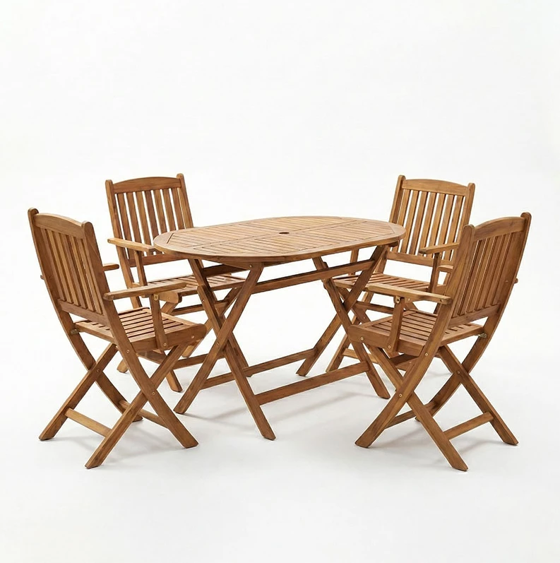 Tavolinë me karrige Recofly-Falov, dru akacie natyrale, set prej 5 copësh, 130x80x72cm