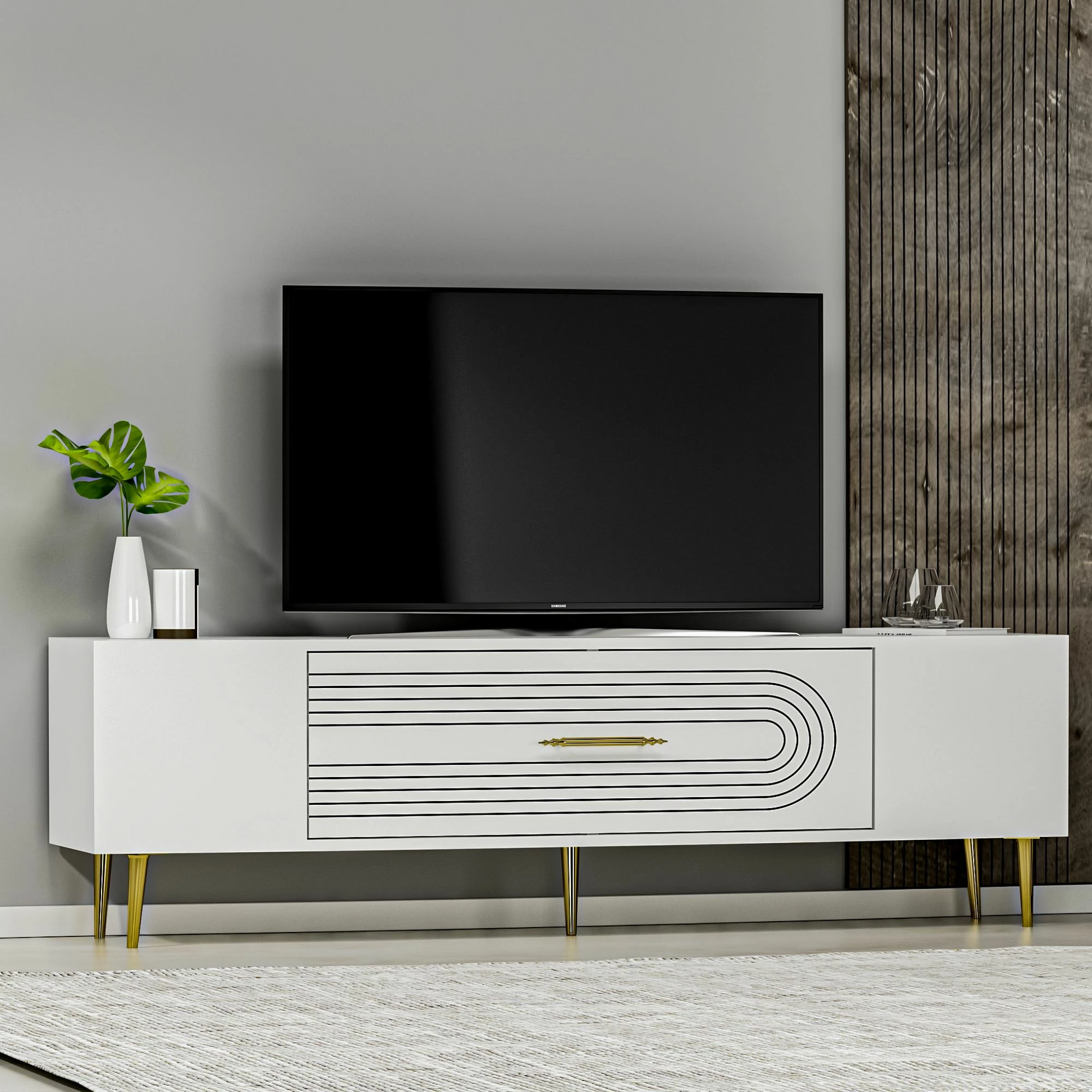 Komodë TV Skye Decor, e bardhë, e artë, Dekol3