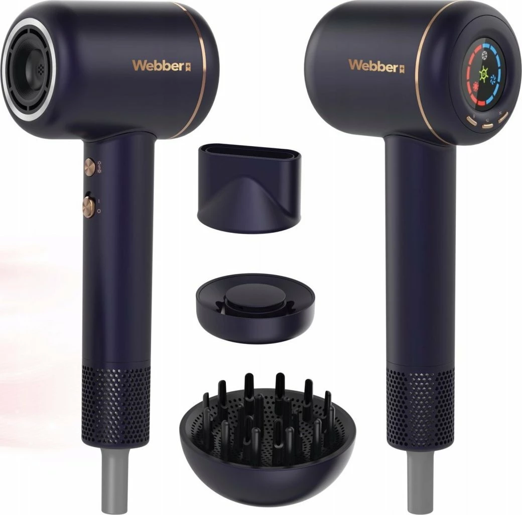 Tharëse flokësh Webber VENTA 1600W 3-në-1 me jonizim, set me difuzor dhe koncentrator, blu e errët/ari