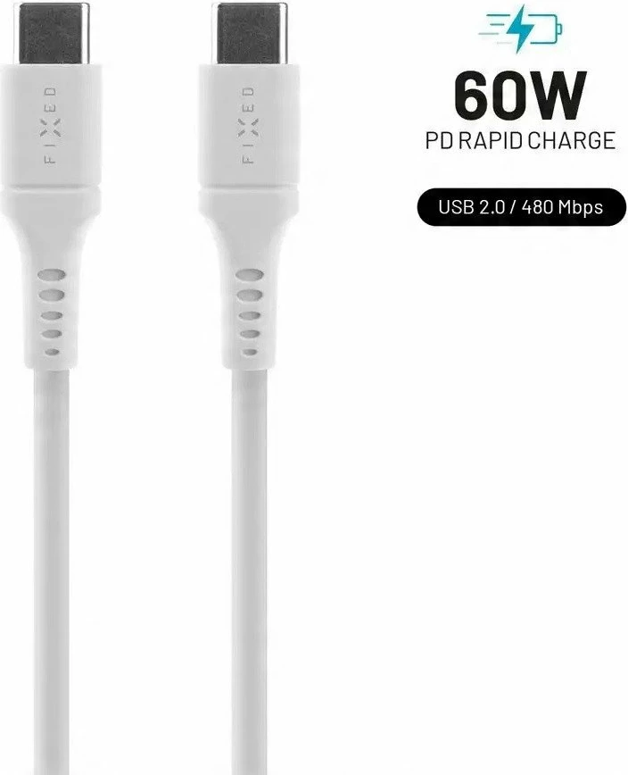 Kabllo USB-C–USB-C Fixed FIXDLS-CC2-WH 2 m PD 60W, e bardhë, me organizues ngjitës dhe rrip Velcro