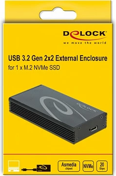 Kasë e jashtme DeLOCK për SSD M.2 NVMe PCIe 2280, USB-C 3.2 Gen 2x2 20Gbps, e zezë