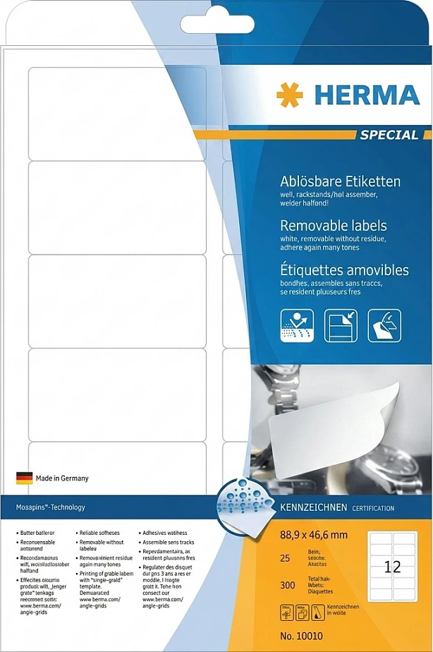 Etiketa për printer HERMA Special 10010, A4, 88.9×46.6 mm, të heqshme, 300 copë, të bardha