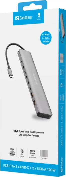 Docking station USB-C Sandberg 136-80, 8x USB-C + 2x USB-A, 100W PD, 10 Gbps, gri