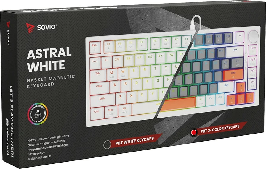 Tastierë magnetike Savio ASTRAL White 82-taste US QWERTY Outemu White Jade Hall RGB USB-C knob multimedia PBT keycaps, e bardhë, set 3 ngjyra kapakësh
