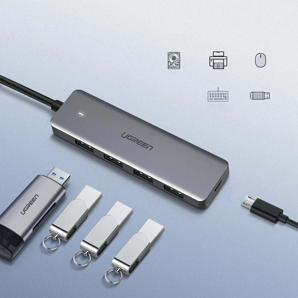 Kasë USB HUB Ugreen CM219 50985, 4x USB 3.2 Gen 1, me port micro USB për rrymë, Gri