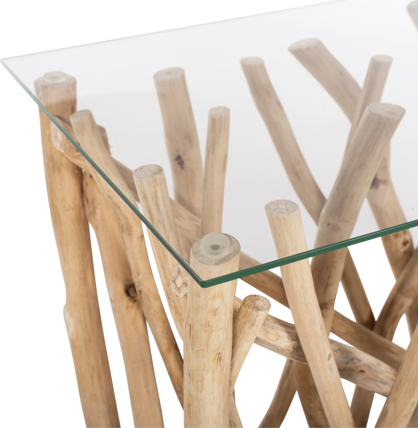 Konsolë në stil rustik, degë teak të ngurta, ngjyrë natyrale & xham, 120x35x75H cm, FH9373