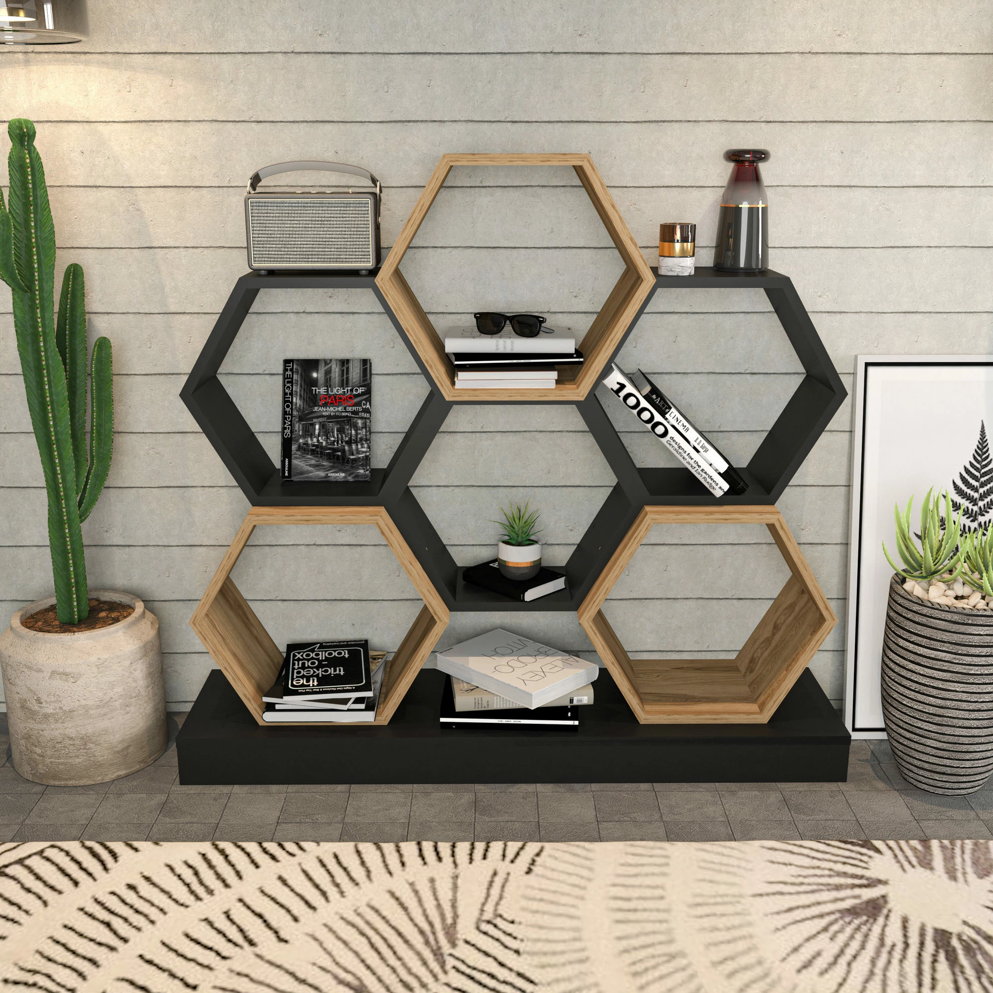 Raft librash Hanah Home, model Cicek, ngjyrë e zezë dhe lis