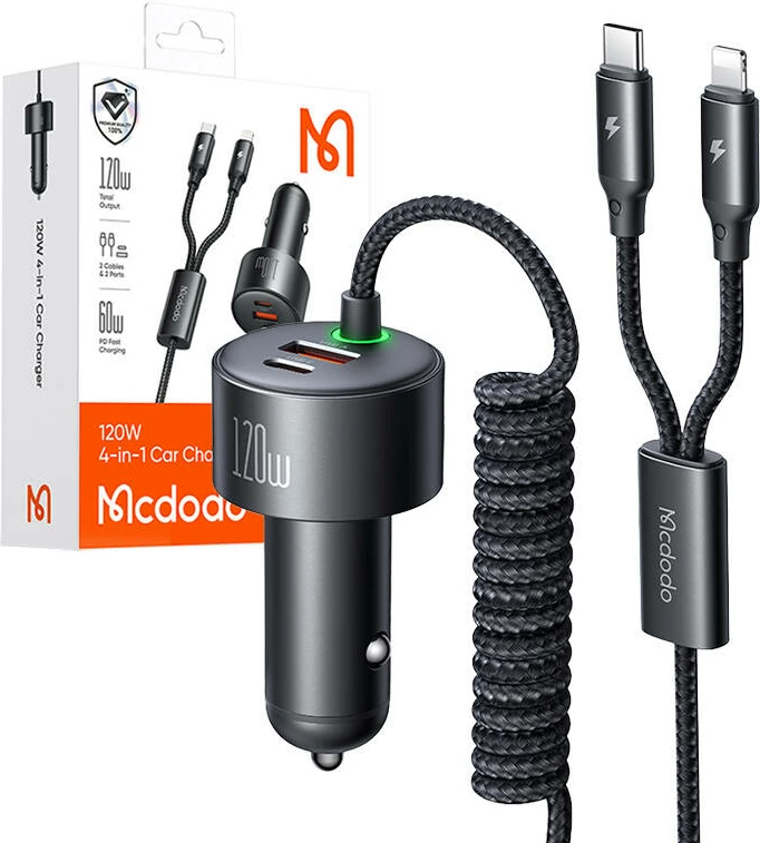 Karikues veture Mcdodo CC-0370, USB-C, Lightning, 120W, kabllo tërheqëse, zi