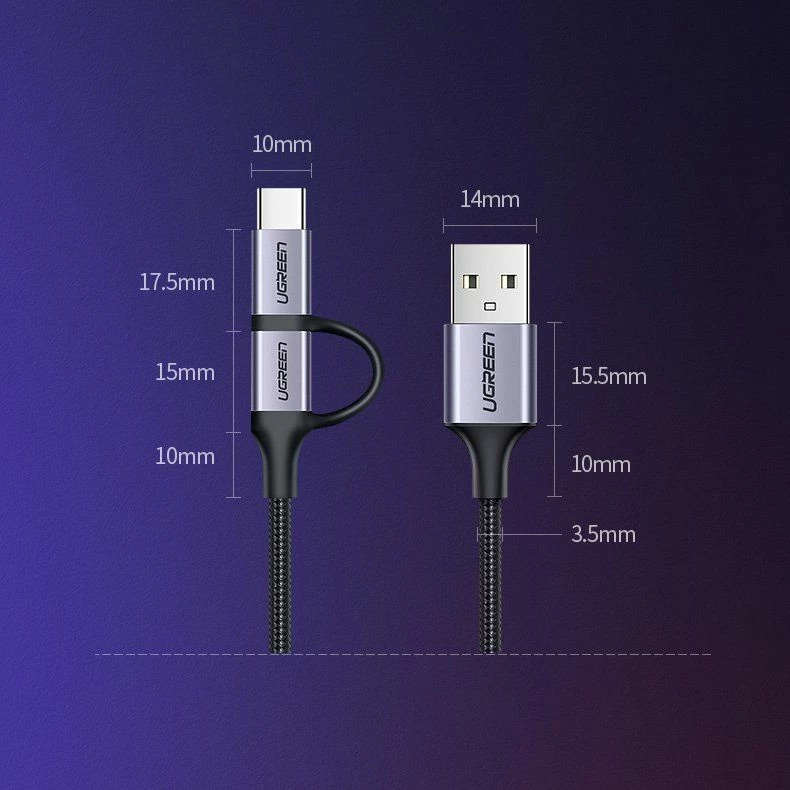 Kabllo USB Ugreen 30875 1 m, USB-A në microUSB + USB-C, 2.4A, e zezë